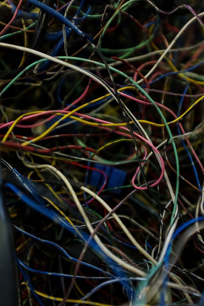 Close-up of multicolored tangled electric wires conveying chaos and complexity.